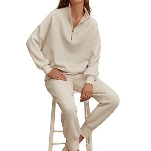 Varley Harley 1/2 Zip Cotton Mock Neck Sweatshirt in Ivory Marl